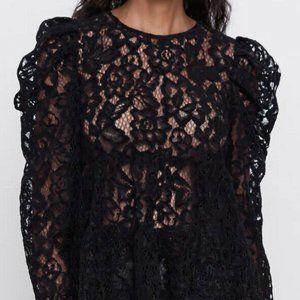Zara Lace Puff Sleeve Peplum Top, Black, Size M